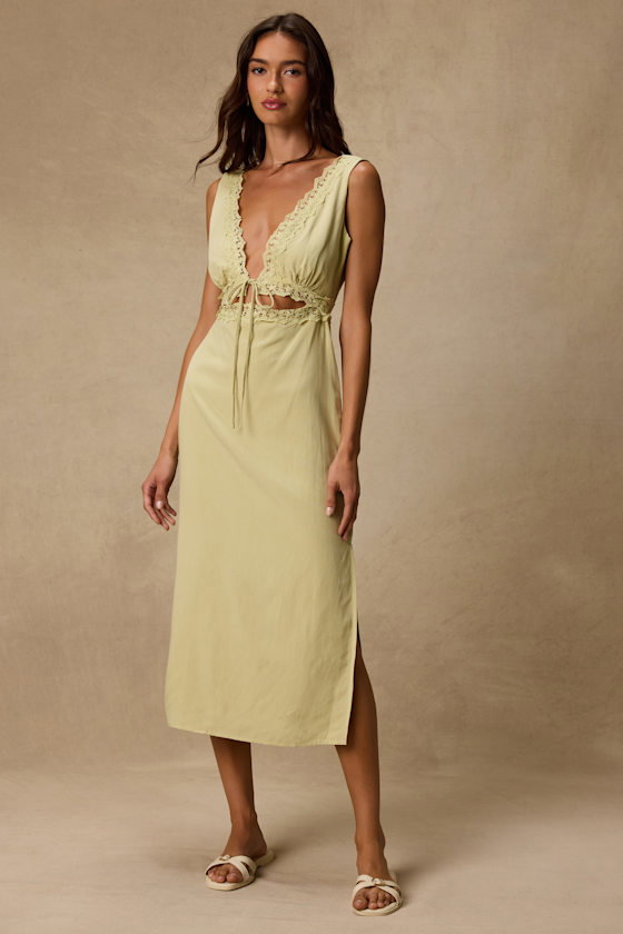 Image of Connie Light Chartreuse Lace Tie Front Midi Dress