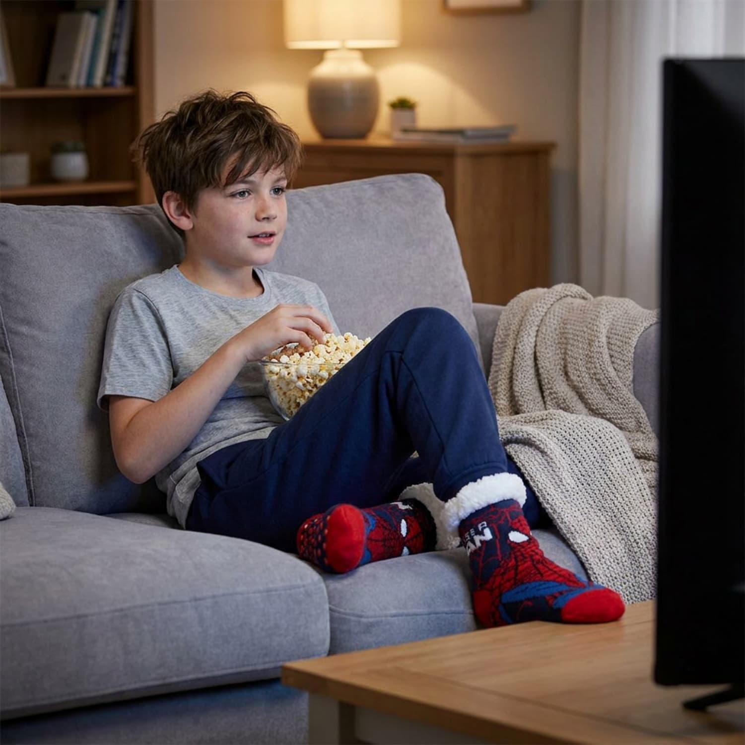 Boy watching TV wearing spiderman slipper socks