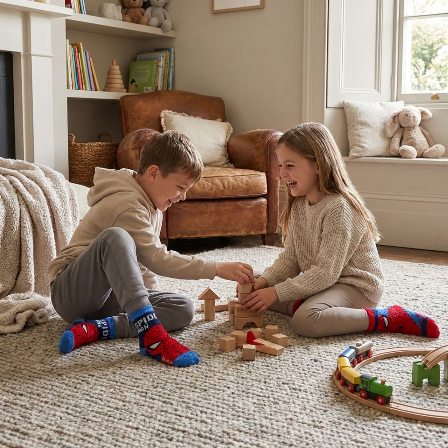 Kids playing on the carpet with spiderman socks