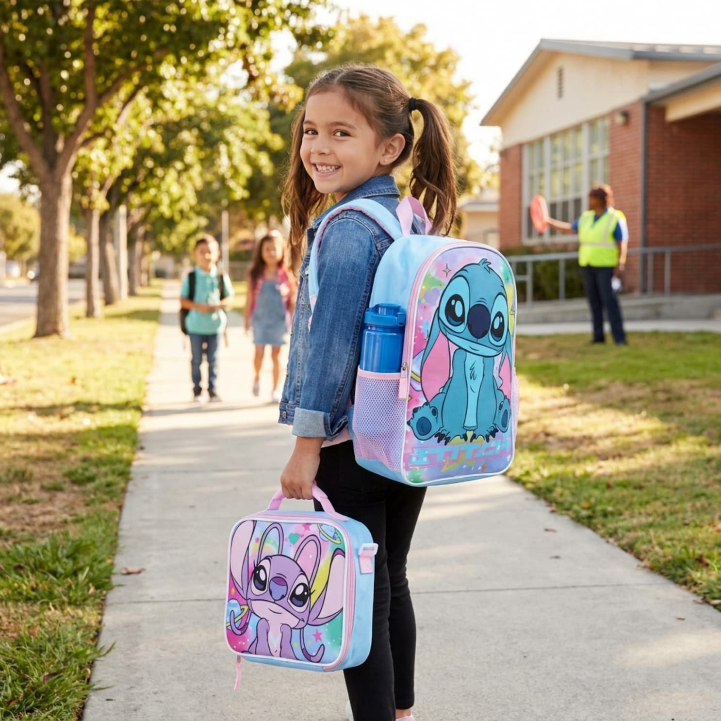 Girl with stitch and angel backpack and lunchbox 