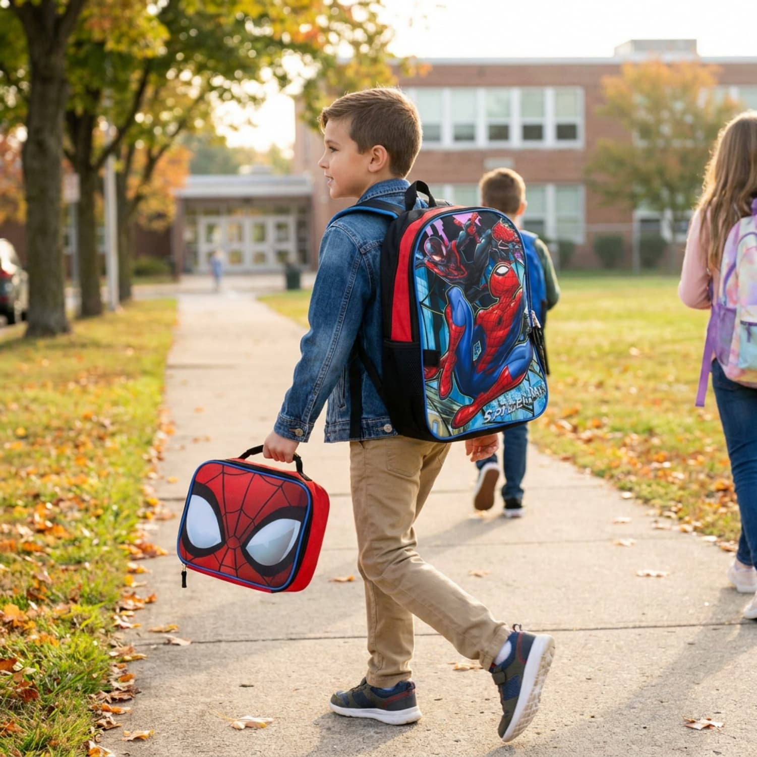Boy with spiderman backpack and lunchbag