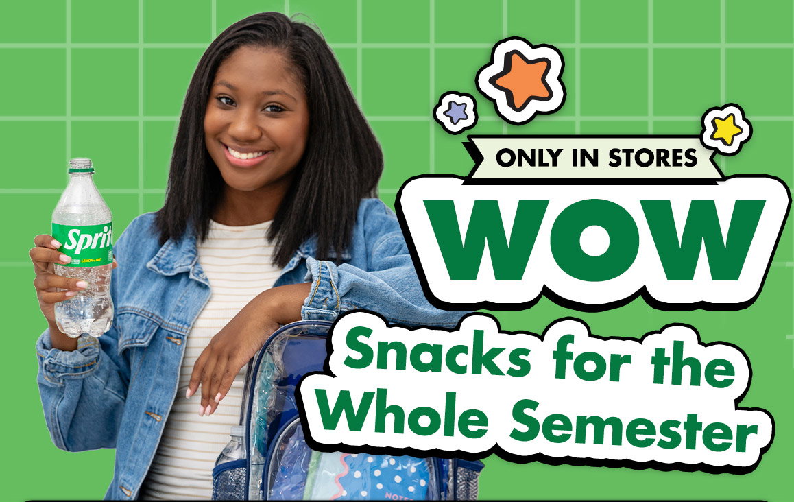 Only In stores: WOW Snacks for the Whole Semester. Image of a young woman with a backpack smiling and holding an open bottle of Sprite®.