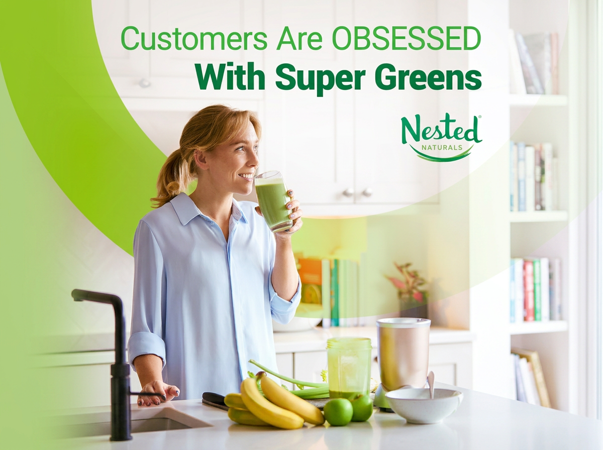 Woman enjoying Super Greens smoothie in kitchen