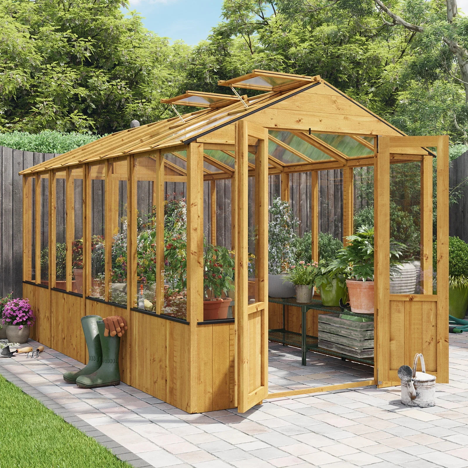 Image of BillyOh 4000 Lincoln Wooden Clear Wall Greenhouse with Roof Vent