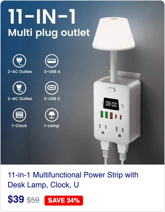 11-in-1 Multifunctional Power Strip with Desk Lamp, Clock, USB Ports & Surge Protection