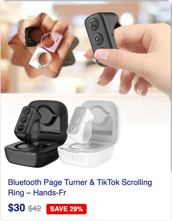 Bluetooth Page Turner & TikTok Scrolling Ring – Hands-Free Remote for Kindle, iPhone, Android – E-Reader Accessory, Selfie Shutter, Volume & Video Control