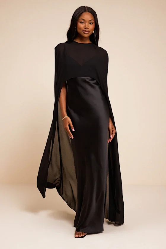 Image of Cavana Black Satin Cape Maxi Dress
