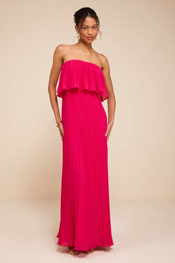Image of Arietta Hot Pink Pleated Strapless Maxi Dress