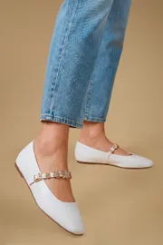 Jem Faux Leather Flower Brooch Detail MaryJane Ballet Pumps