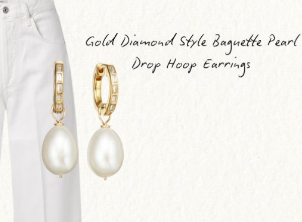 Gold Diamond Style Baguette Pearl Drop Hoop Earrings