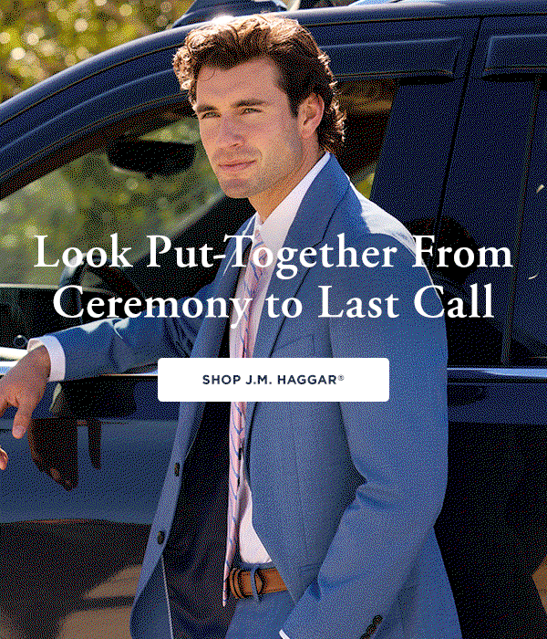 Man makes different poses wearing a J.M. Haggar suit in a gif