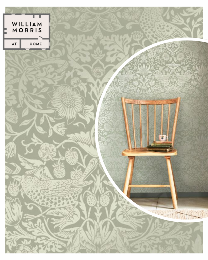 William Morris At Home Strawberry Thief Fibrous Wallpaper Sage Green 124237