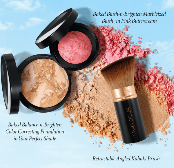 Baked Balance-n-Brighten Color Correcting Foundation | Baked Blush-n-Brighten Marbleized Blush | Retractable Angled Kabuki Brush
