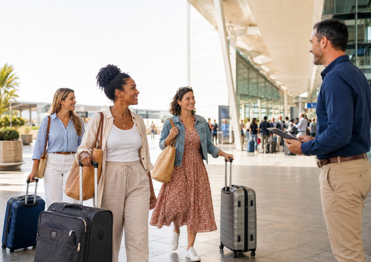Three travellers with luggage meeting their pre-booked airport transfer driver outside a busy terminal.