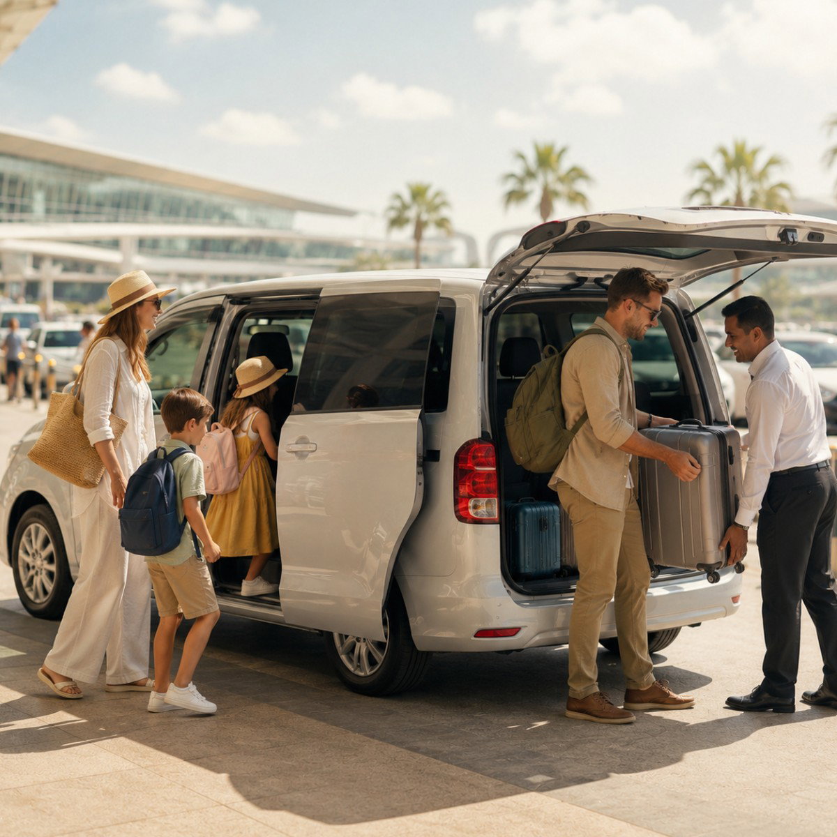 Family getting into a pre-booked airport transfer vehicle outside the airport.