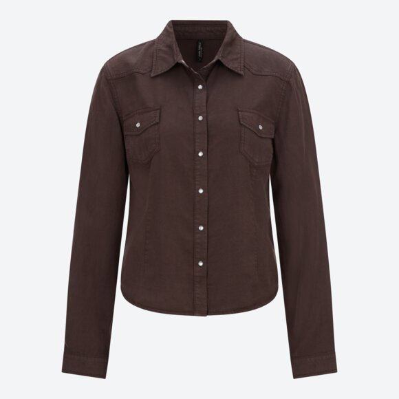Bluse, Braun, Knopfleiste, zwei Brusttaschen, lange Ärmel, Produktansicht, Vorderansicht