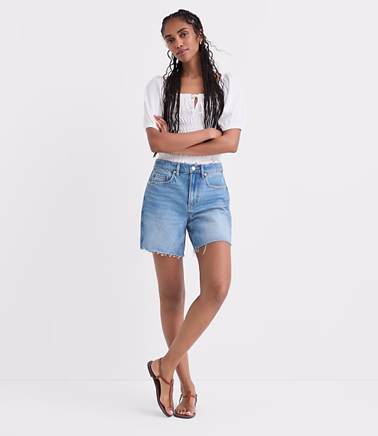 Rivete Fresh Cut Seamed Denim Boyfriend Shorts in Light Wash
