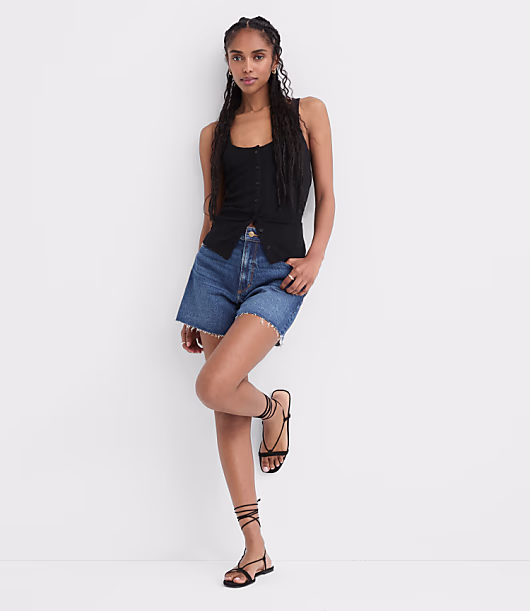 Rivete Destructed High Rise Cut Off Denim Shorts in Dark Wash