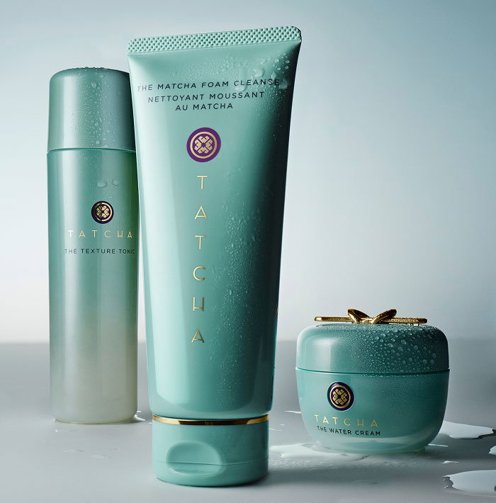 The Oil-Balancing Ritual from Tatcha, including the Texture Tonic, the Matcha Foam Cleanse, and the Water Cream, all part of the Clarifying Collection.