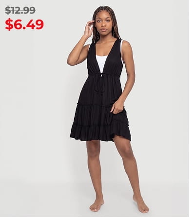 Shop Drawstring Tie Front Ruffle Tiered Cover Up Dress