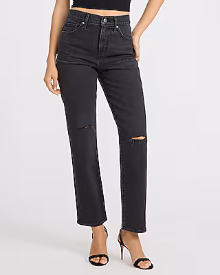 High Waisted Black Wash Ripped Straight Ankle Jeans