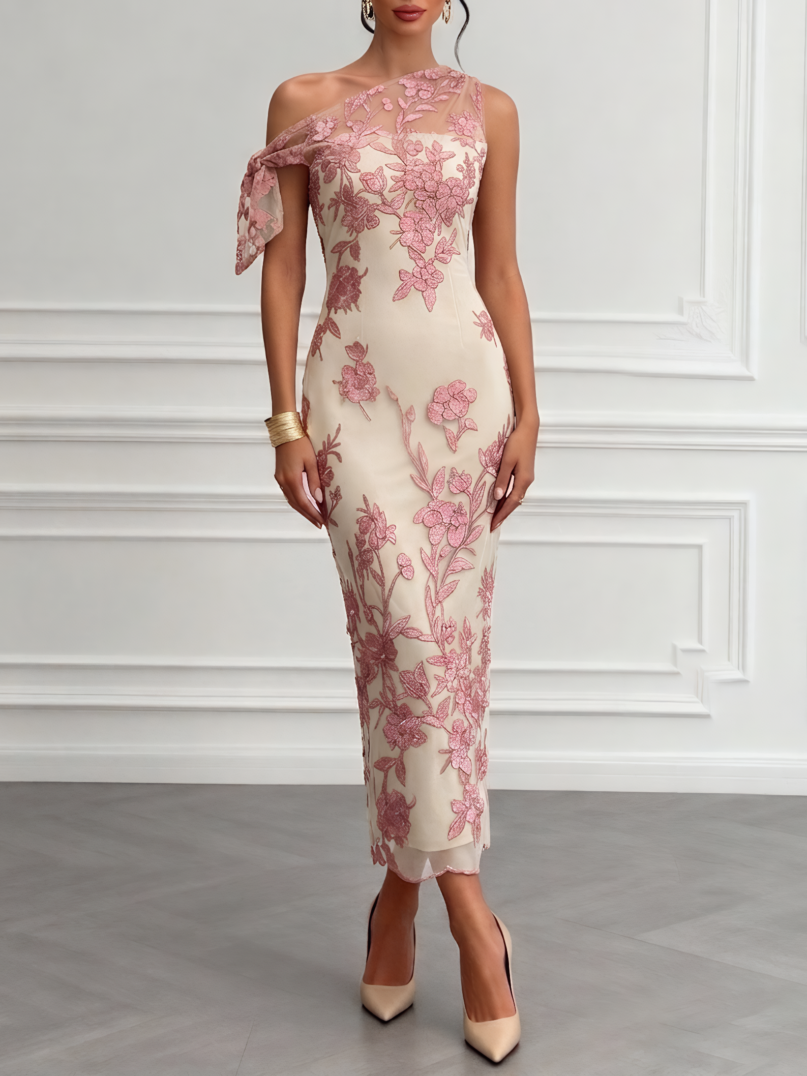 Image of Pink Embroidery Bow Lace One Shoulder Sleeveless Sheath Maxi Dress