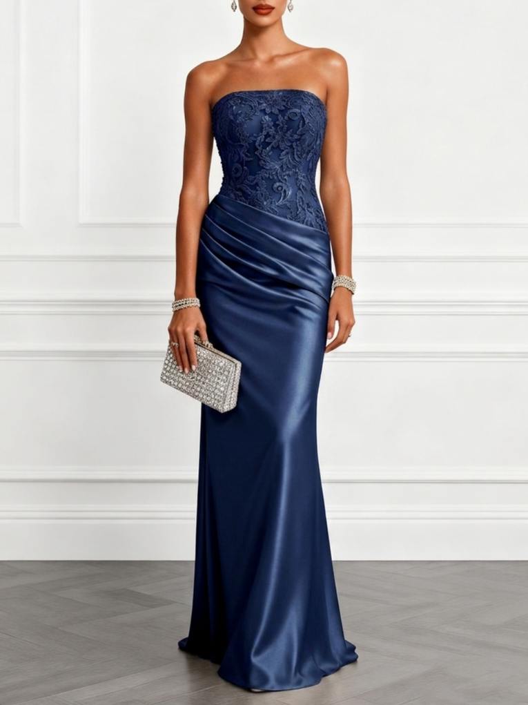 Image of Purplish Blue Lace Jacquard Satin Strapless Sleeveless Mermaid Gown Dress