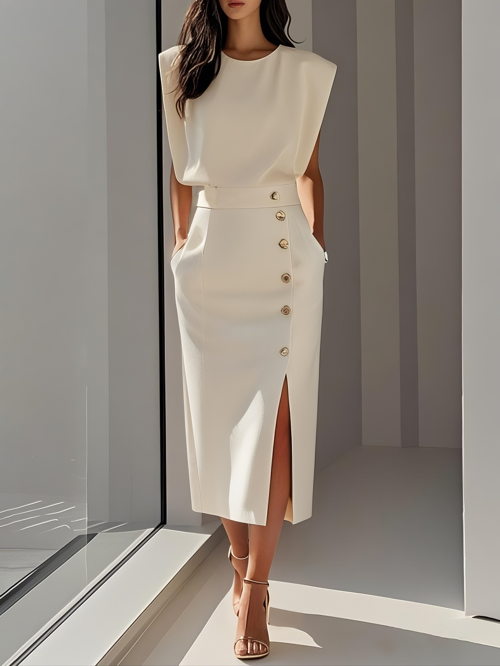 Image of Off White Button Side-Slit Classic Crew Neck Sleeveless Sheath Midi Dress With Pockets