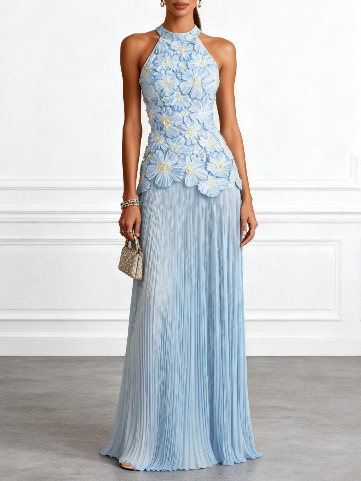 Image of Light Blue Jacquard Chiffon Halter Neck Sleeveless A-Line Floor-length Gown Dress
