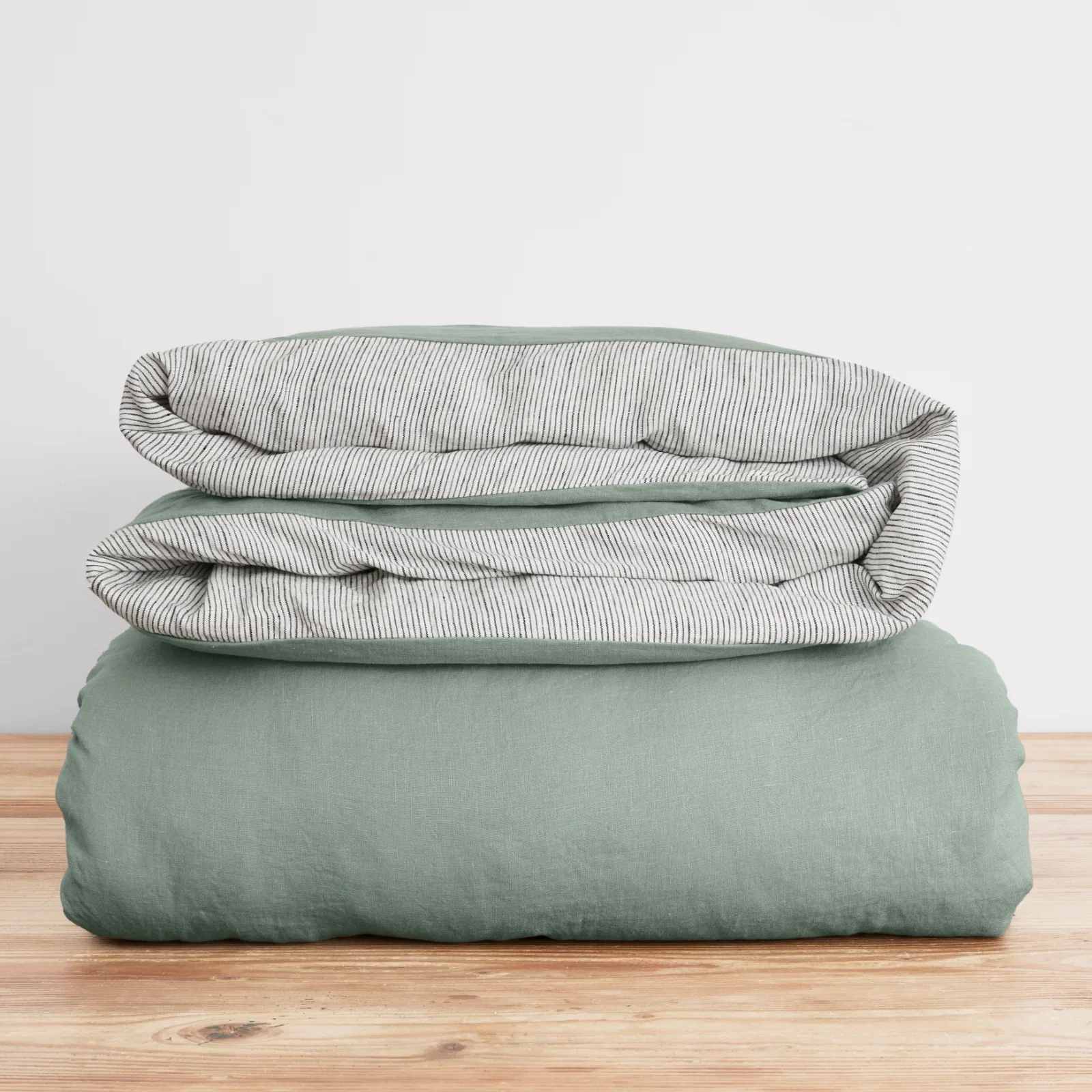 French Flax Linen Double Sided Quilt Cover in Sage/Pinstripe