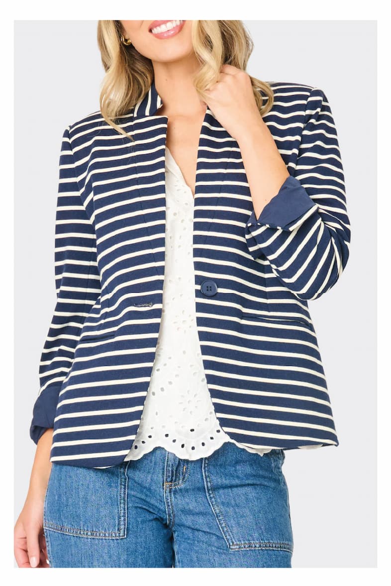 Striped Notch Collar Blazer in Navy Ivory Stripe