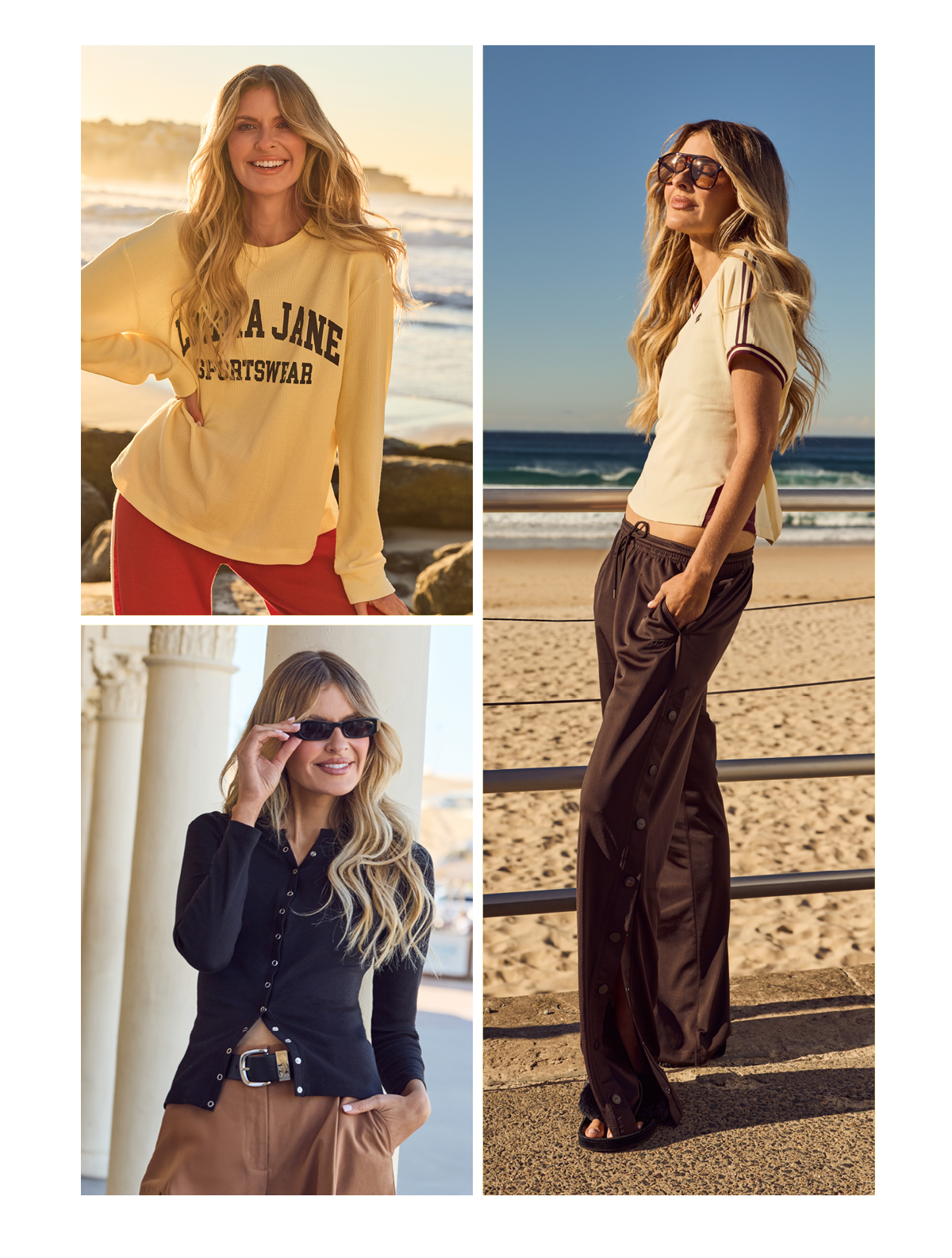 Elle Ferguson wearing new arrivals: yellow graphic long sleeve, cream striped top, and black button top.