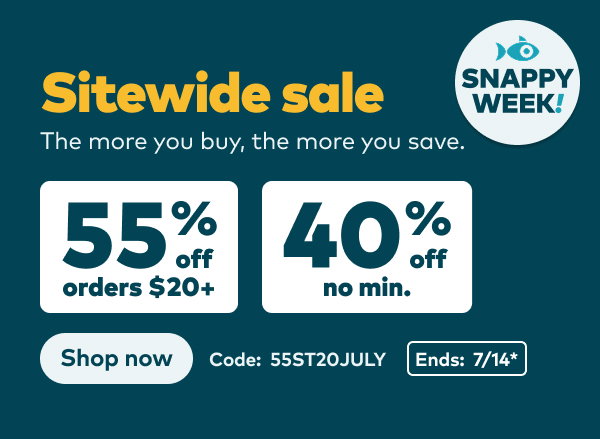 Snappy week sitewide sale 55% off orders $20+ or 40% off no min. Code: 55ST20JULY. Ends: 7/14, see site for details. Shop now.