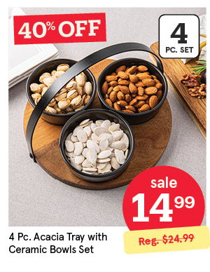 KSP ACACIA TRAY W/CERAMIC BOWLS SET/4 22 CM DIA. X 15 CM BLACK