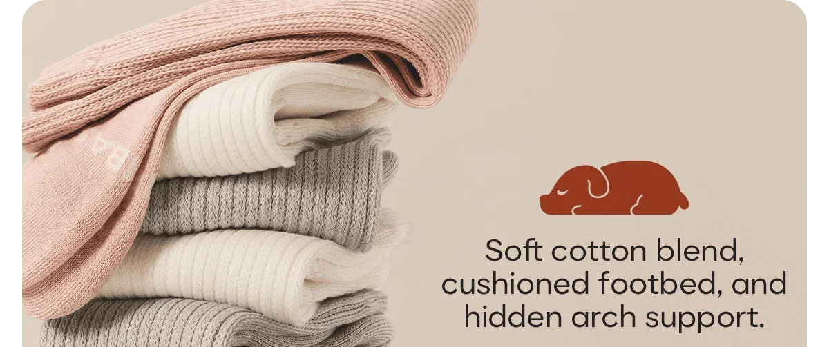 Soft cotton blend, cushioned footbed, and hidden arch support.