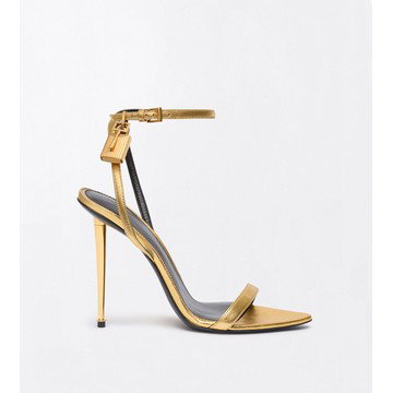 LAMINATED NAPPA LEATHER PADLOCK POINTY NAKED SANDAL: GOLD