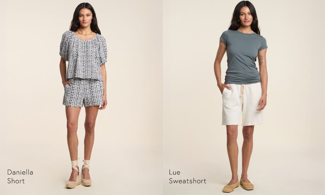 Image shows a model wearing the Clove Shorts in Billow. Image shows a model wearing the Lue Shorts in Beach.