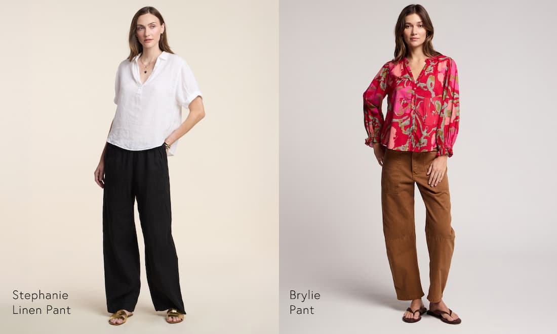 Image shows a model wearing the Stephanie Pants in Black. Image shows a model wearing the Brylie Pants in Twig.