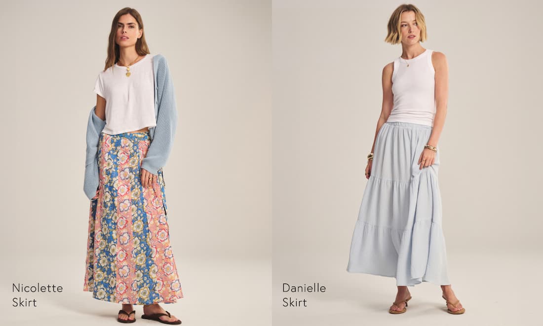 Image shows a model wearing the Nicolette Skirt. Image shows a model wearing the Danielle Skirt in Ice.