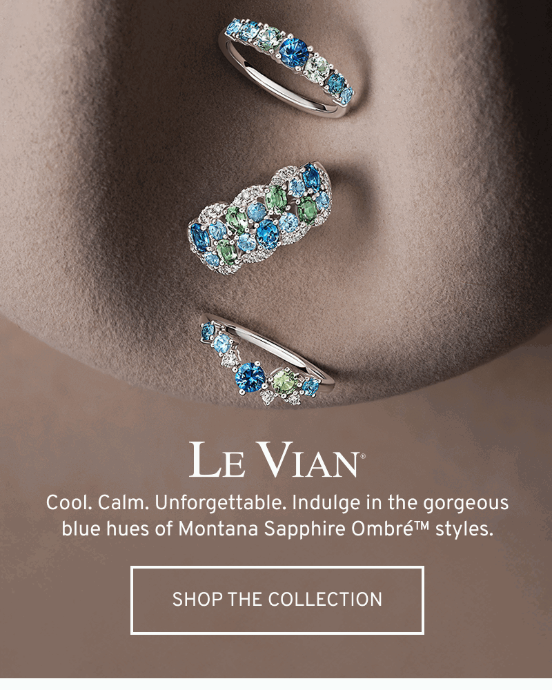Three sapphire rings on beige felt. Embrace the blue hues of Le Vian Montana Sapphire Ombre. Click to Shop Collection