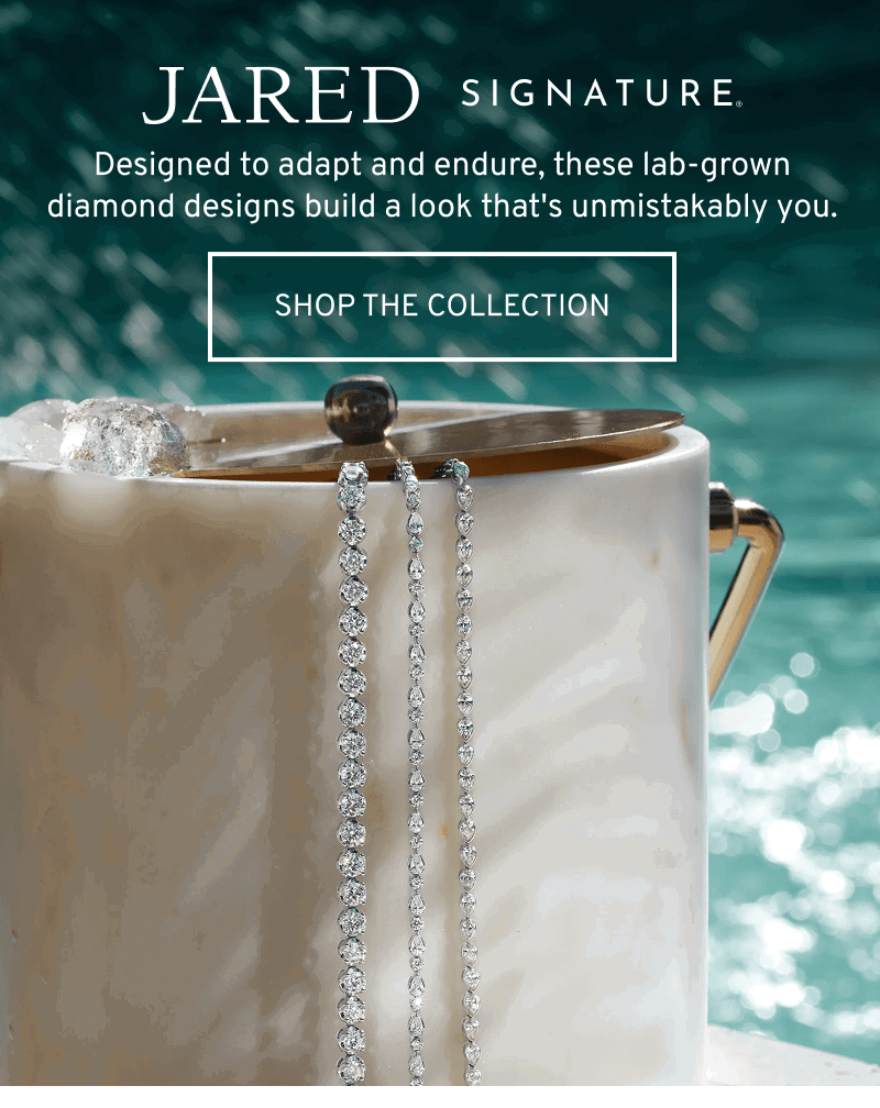 Three diamond strands draped on a wine cooler. Lab-grown diamonds that adapt and endure. Click to Shop Jared Signature Collection