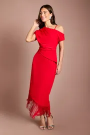 Drape Sleeve Asymmetric Fringed Hem Midi Dress