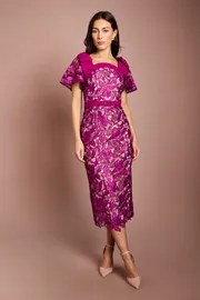 Lace Bow Shoulder Pencil Midi Dress