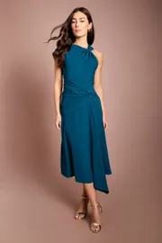 One Shoulder Drape Waist Asymmetric Midi Dress