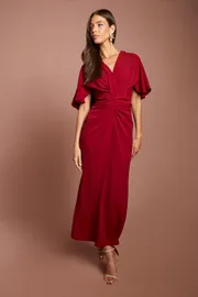 V Neck Short Sleeve Ruched Midi Dress