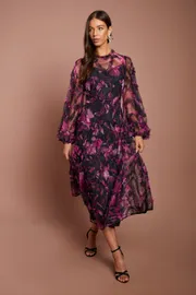 Long Sleeve Applique Floral Midi Dress
