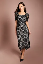 Lace Neck Trim Short Sleeve Pencil Dress