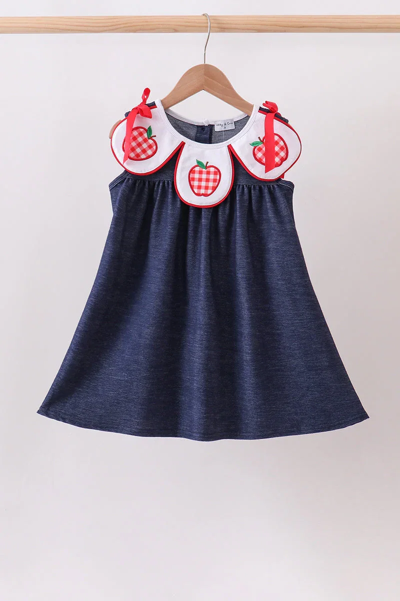 Image of Navy Apple Applique Denim Dress