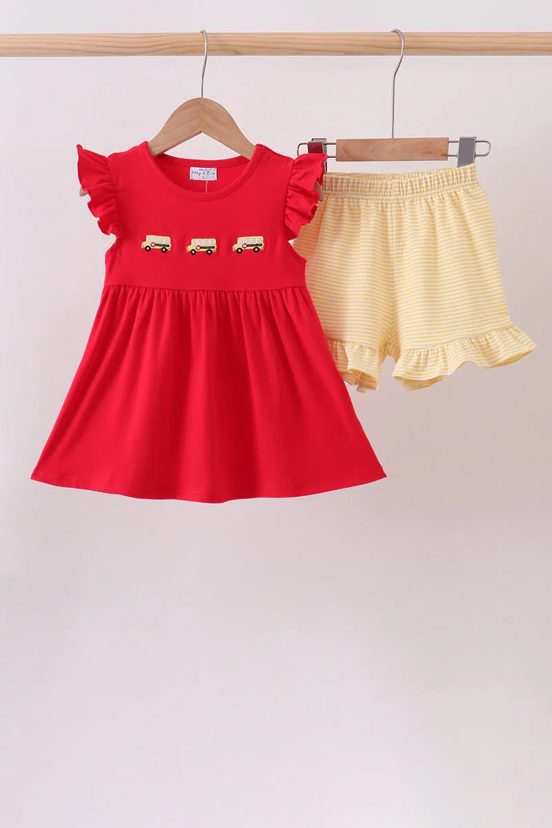 Image of Red School bus Smocked Ruffle Shorts set