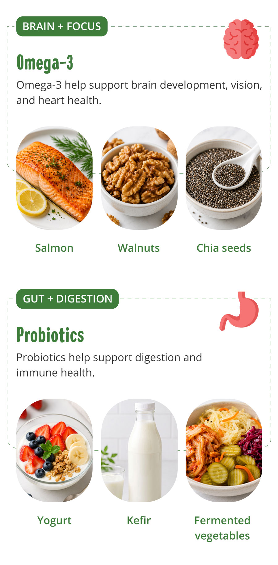 Omega-3 helps support brain development, vision, and heart health. Good dietary sources include salmon, walnuts, and chia seeds.  Gut + Digestion. Probiotics help support digestion and immune health. Excellent sources include yogurt, kefir, and fermented vegetables.